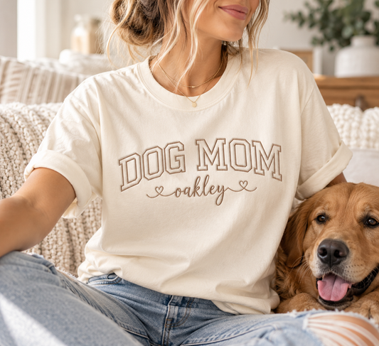 Personalized Dog Mom Embroidered Comfort Colors® T-Shirt | Custom Dog Name Tee