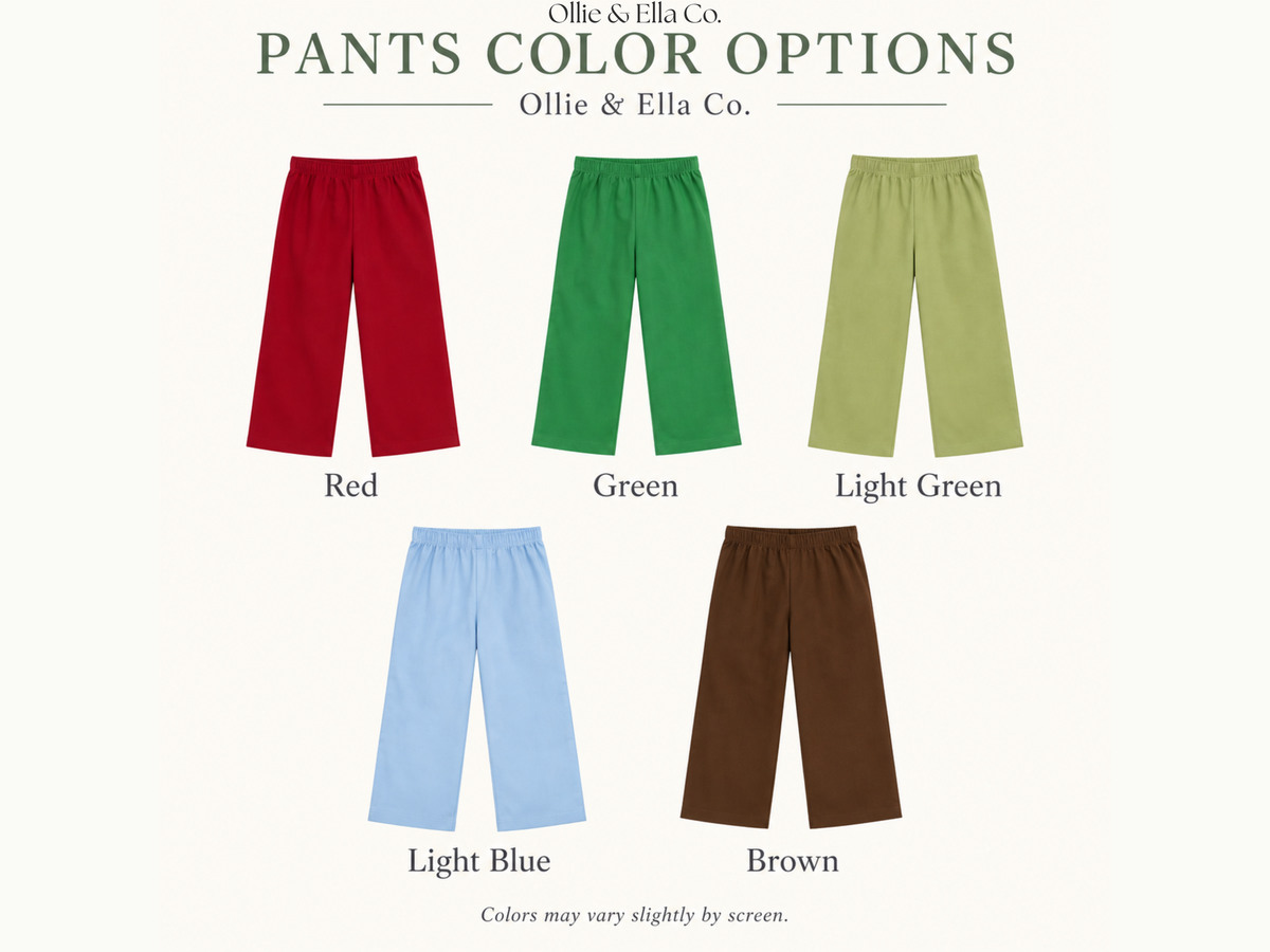 Ollie & Ella Co. display of pants color options on a light cream background, showing five pairs of cropped pants labeled Red, Green, Light Green, Light Blue, and Brown.
