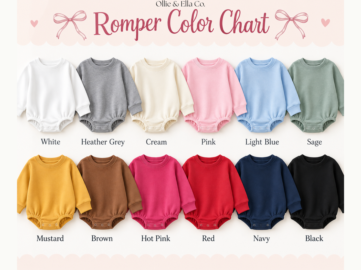A Romper Color Chart graphic from Ollie & Ella Co. showing twelve long-sleeve baby rompers in different colors arranged in two rows, with color names printed below each garment on a light pink background with decorative bows.