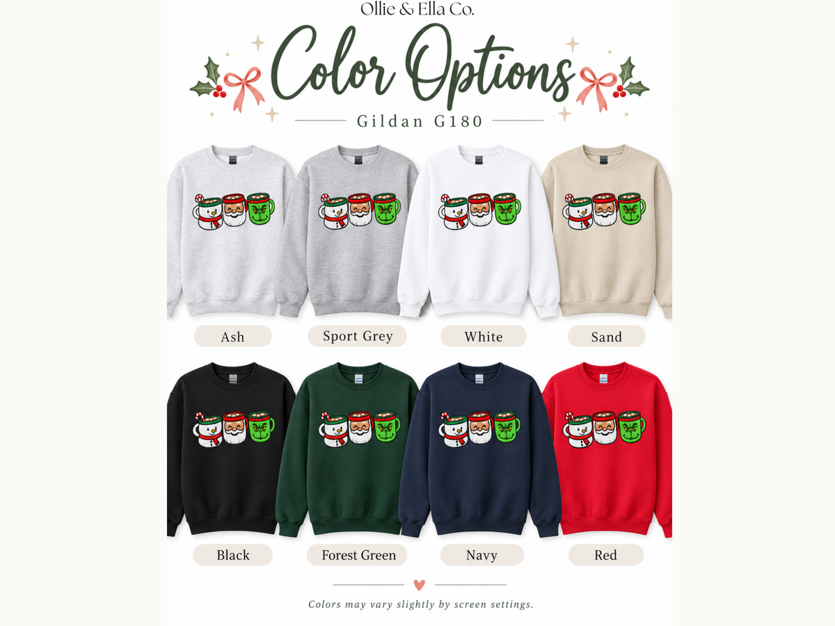 A color options chart for crewneck sweaters from Ollie & Ella Co. showing the Gildan G180 design in multiple colors: Ash, Sport Grey, White, Sand, Black, Forest Green, Navy, and Red.