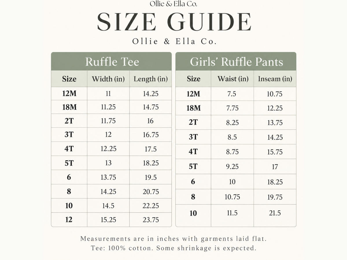 Size guide chart from Olie & Ella Co. showing measurements for Ruffle Tee and Girls' Ruffle Pants, with size ranges from 12M to 10T and width, length, waist, and inseam in inches.