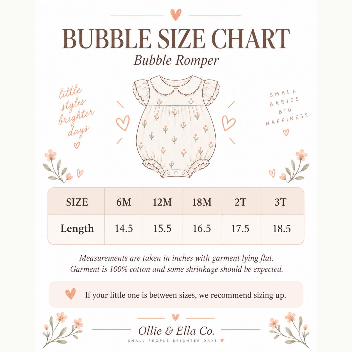 Bubble size chart for a bubble romper by Ollie & Ella Co., showing a central baby romper illustration and a size table with measurements for 6M, 12M, 18M, 2T, and 3T.