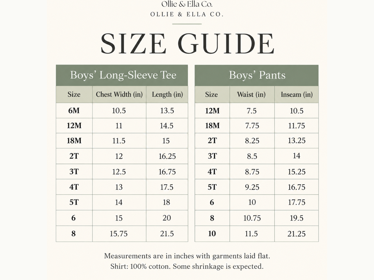 Size guide chart for Olie & Ella Co. Boys' long-sleeve tee and boys' pants, showing measurements in inches by size from 6M to 10 in both categories on a light beige background.