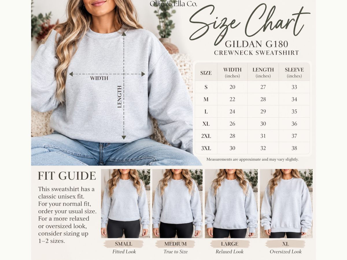 A size chart and fit guide for the Gildan G180 Creneck Sweatshirt by Gildan Ella Co., showing a woman modeling the light gray sweatshirt with measurement arrows, a size table, and fit guides for small through XL.
