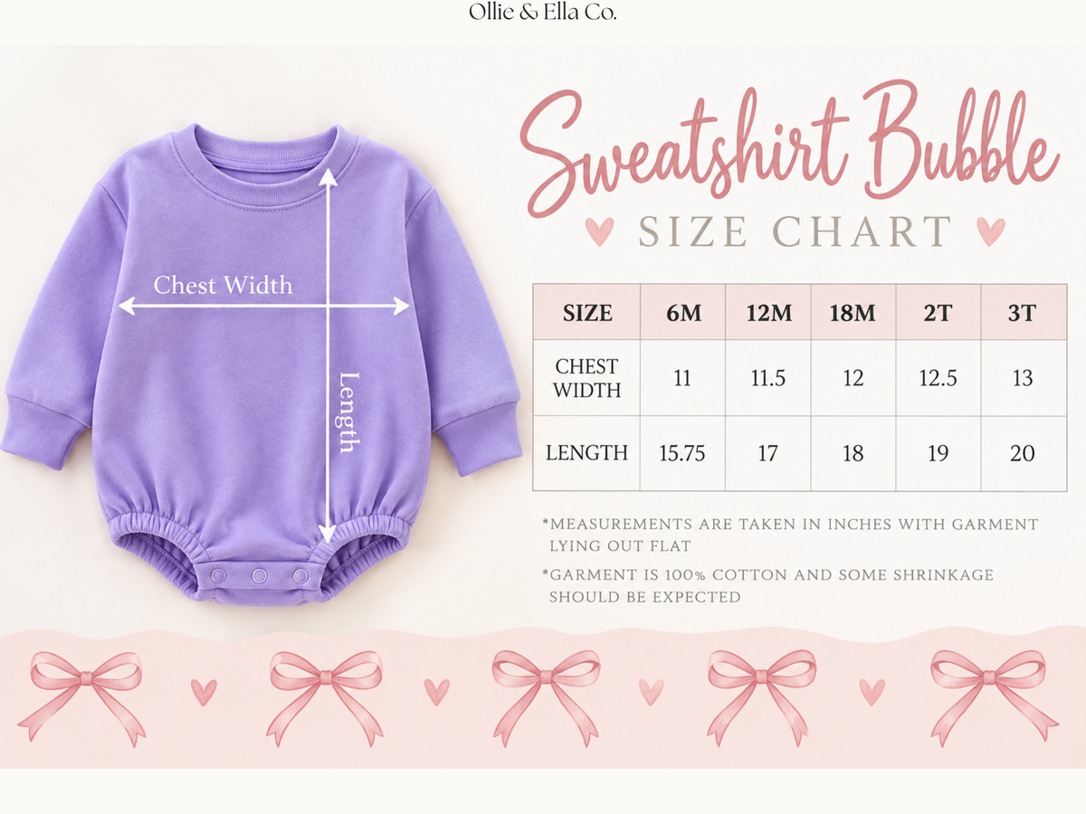 A size chart graphic for a lavender sweatshirt bubble romper by Ollie & Ella Co. The left side shows the garment with arrows marking chest width and length, and the right side contains a size table for sizes 6M, 12M, 18M, 2T, and 3T with chest width and length measurements.
