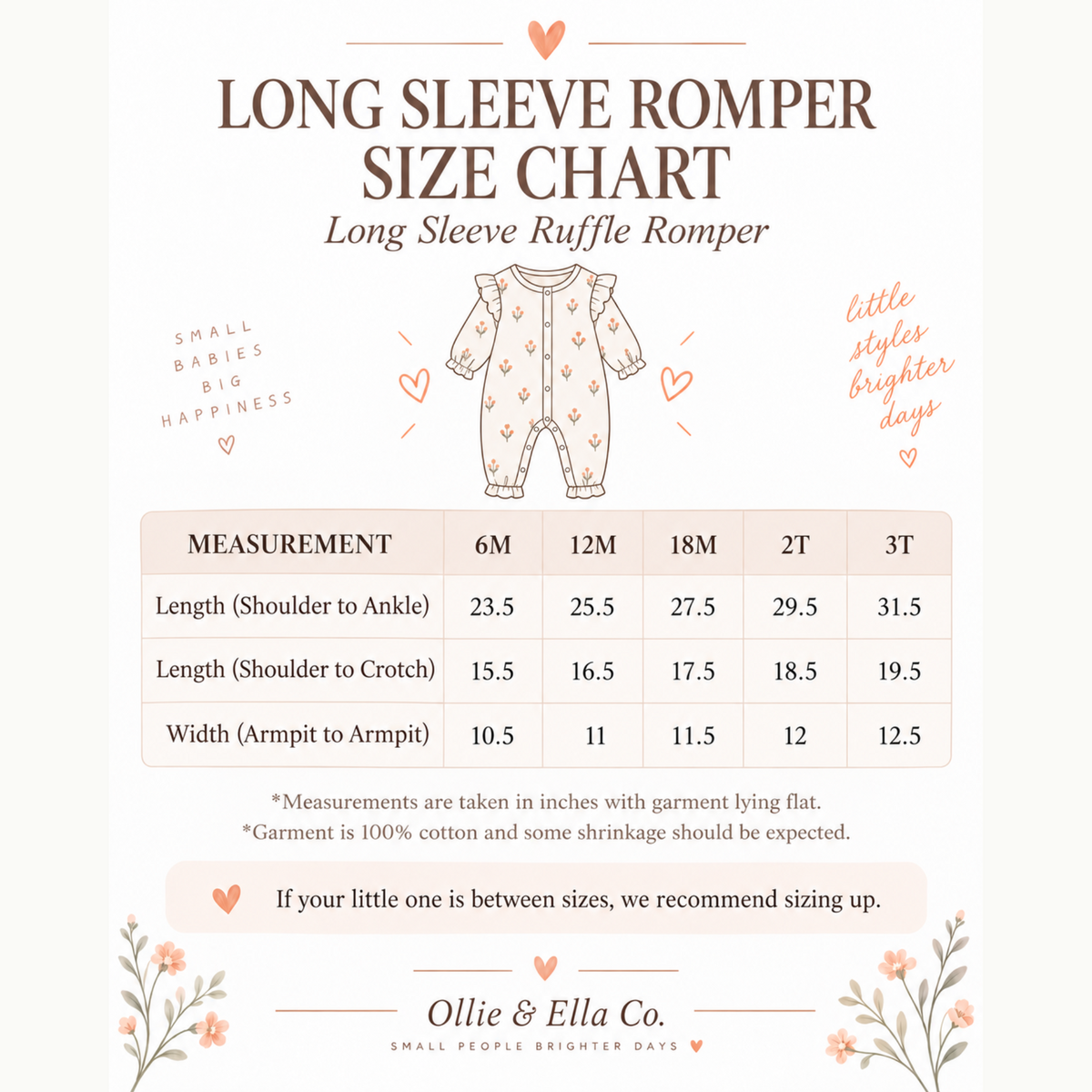 A long-sleeve romper size chart graphic from Ollie & Ella Co. featuring a central size table for 6M, 12M, 18M, 2T, and 3T, with a simple line drawing of a patterned romper and decorative text on a cream background.