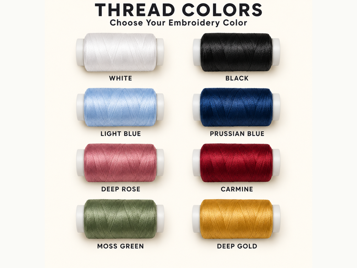 A color selection chart for embroidery thread spools under the heading 'THREAD COLORS Choose Your Embroidery Color.' Eight thread spools are arranged in a grid with labeled color names: white, black, light blue, prussian blue, deep rose, carmine, moss green, and deep gold.