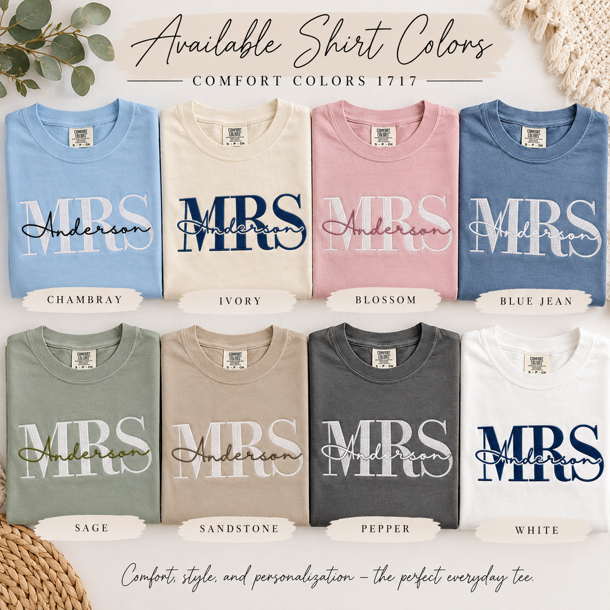 A color-options display for Comfort Colors 1717 personalized t-shirts featuring the text 'MRS. Anderson' in multiple shirt colors.