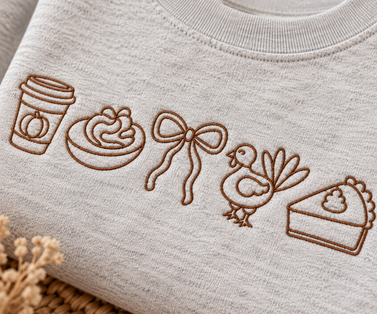 Thanksgiving Favorites Embroidered Sweatshirt | Fall Turkey & Pumpkin Crewneck