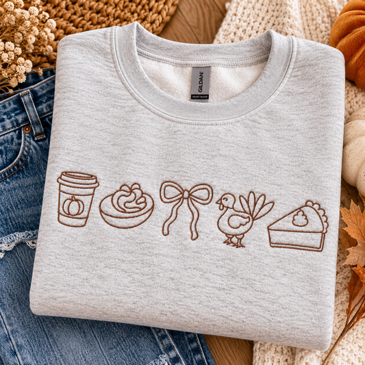 Thanksgiving Favorites Embroidered Sweatshirt | Fall Turkey & Pumpkin Crewneck