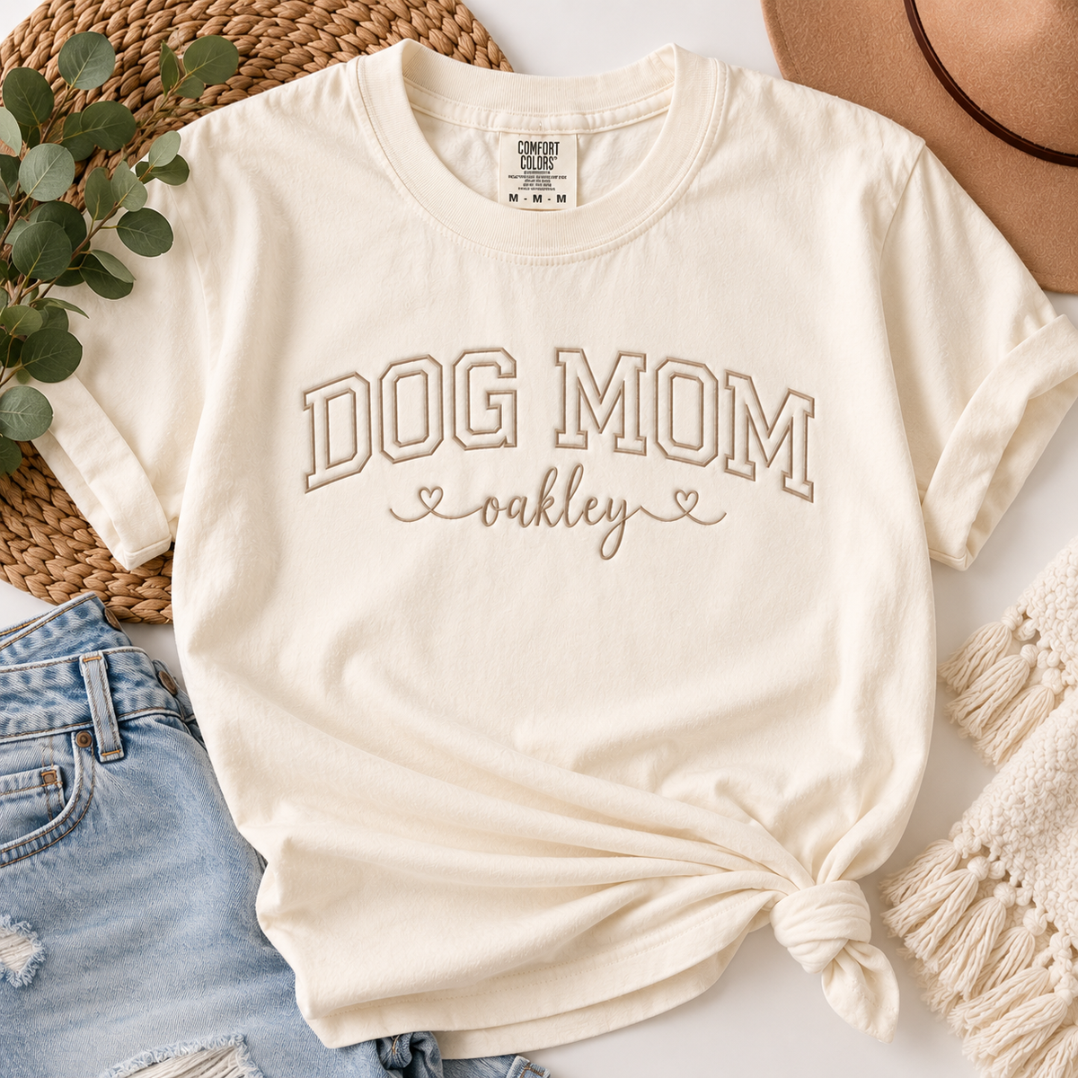 Personalized Dog Mom Embroidered Comfort Colors® T-Shirt | Custom Dog Name Tee