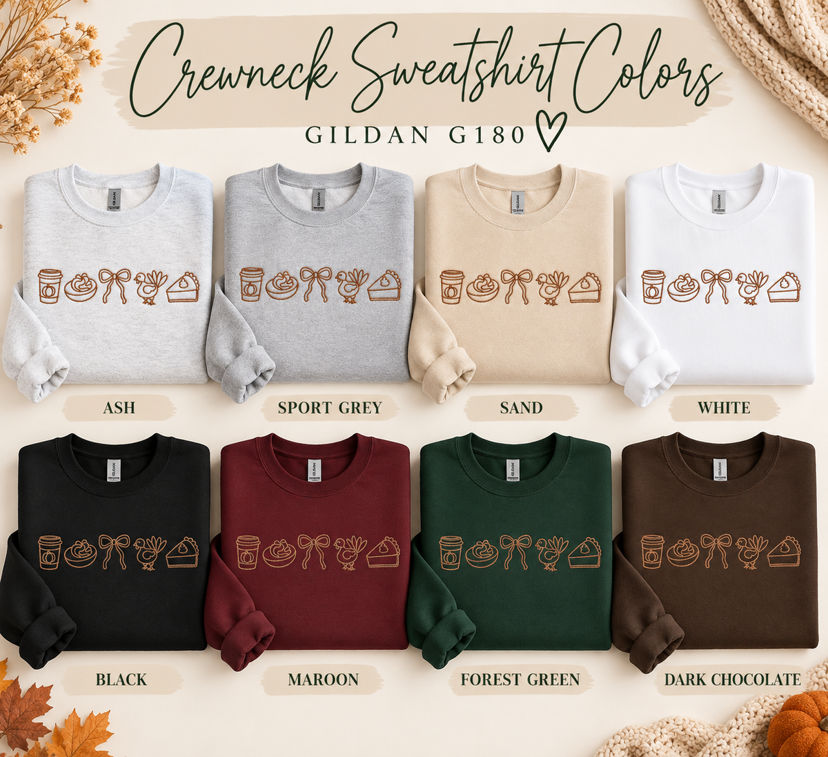 Thanksgiving Favorites Embroidered Sweatshirt | Fall Turkey & Pumpkin Crewneck