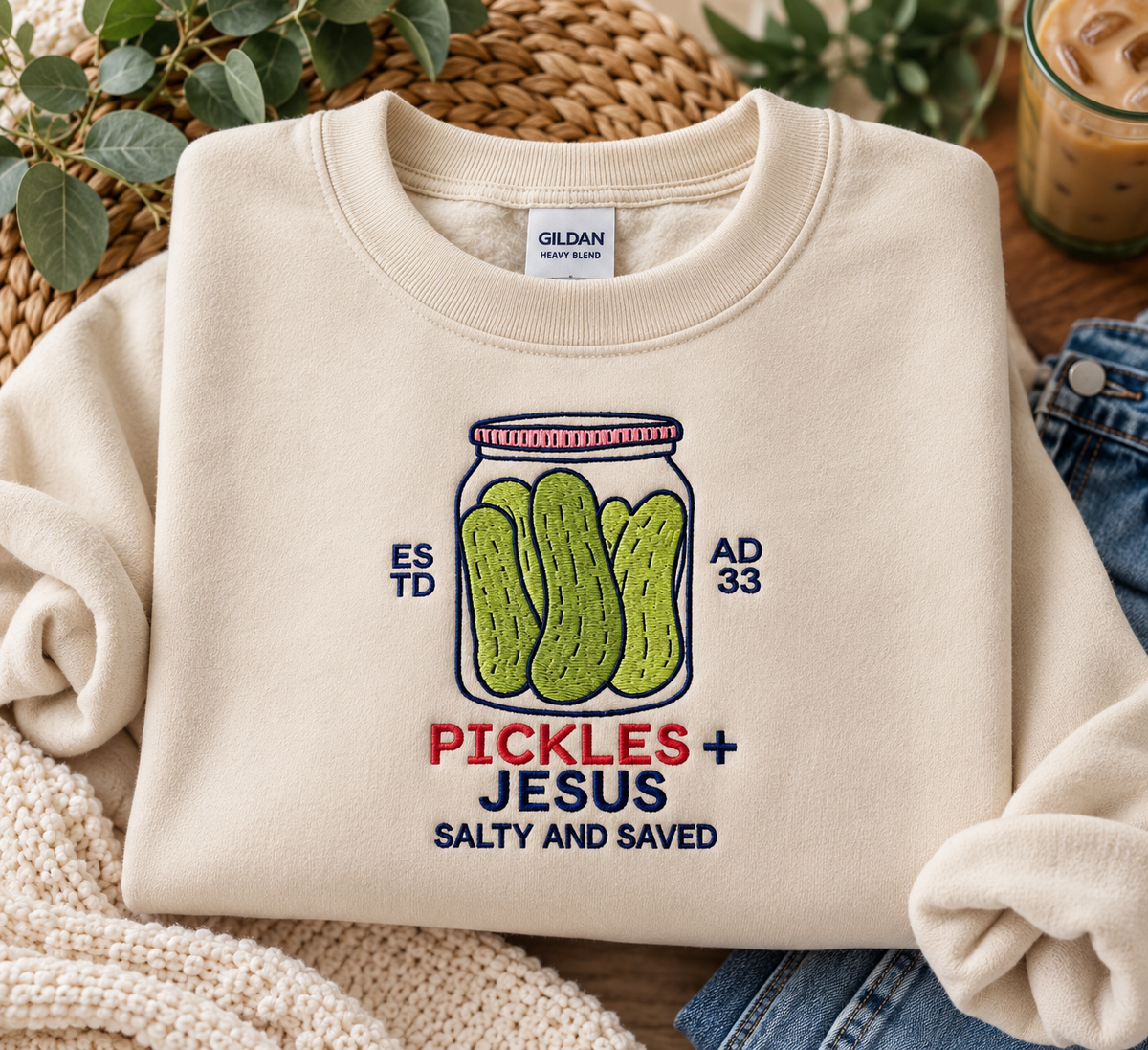 Pickles + Jesus Embroidered Sweatshirt | Salty & Saved Christian Crewneck