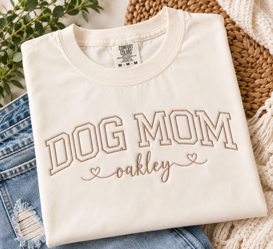 Personalized Dog Mom Embroidered Comfort Colors® T-Shirt | Custom Dog Name Tee