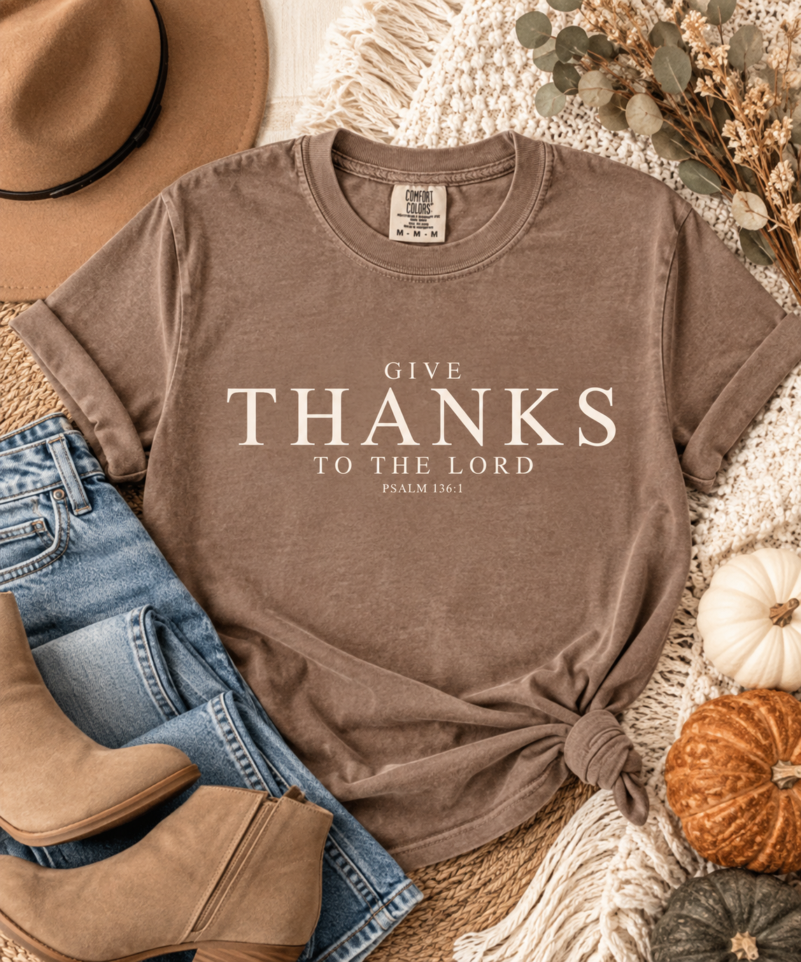Give Thanks to the Lord Comfort Colors Tee | Psalm 136:1 Christian Shirt | Thanksgiving Faith T-Shirt | DTF Graphic Tee