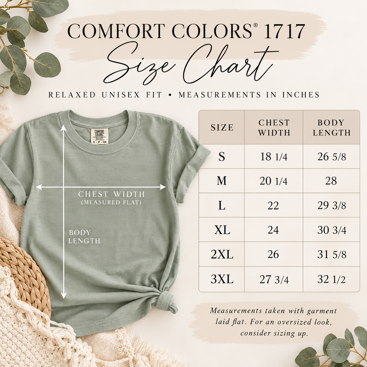 A size chart graphic for Comfort Colors 1717, showing a sage green t-shirt with measurement arrows and a size table listing chest width and body length from S to 3XL.